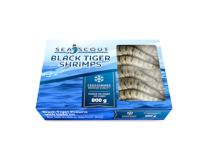 black tiger shrimp head on shell on, inner packaging sea scout
