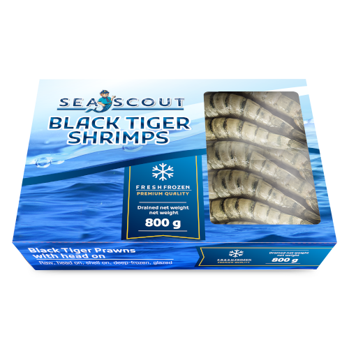 black tiger shrimp head on shell on, inner packaging sea scout