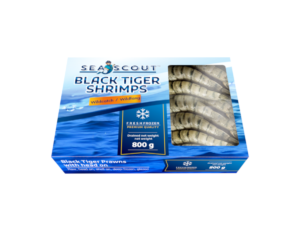 wild caught black tiger shrimp head on shell on, inner packaging sea scout